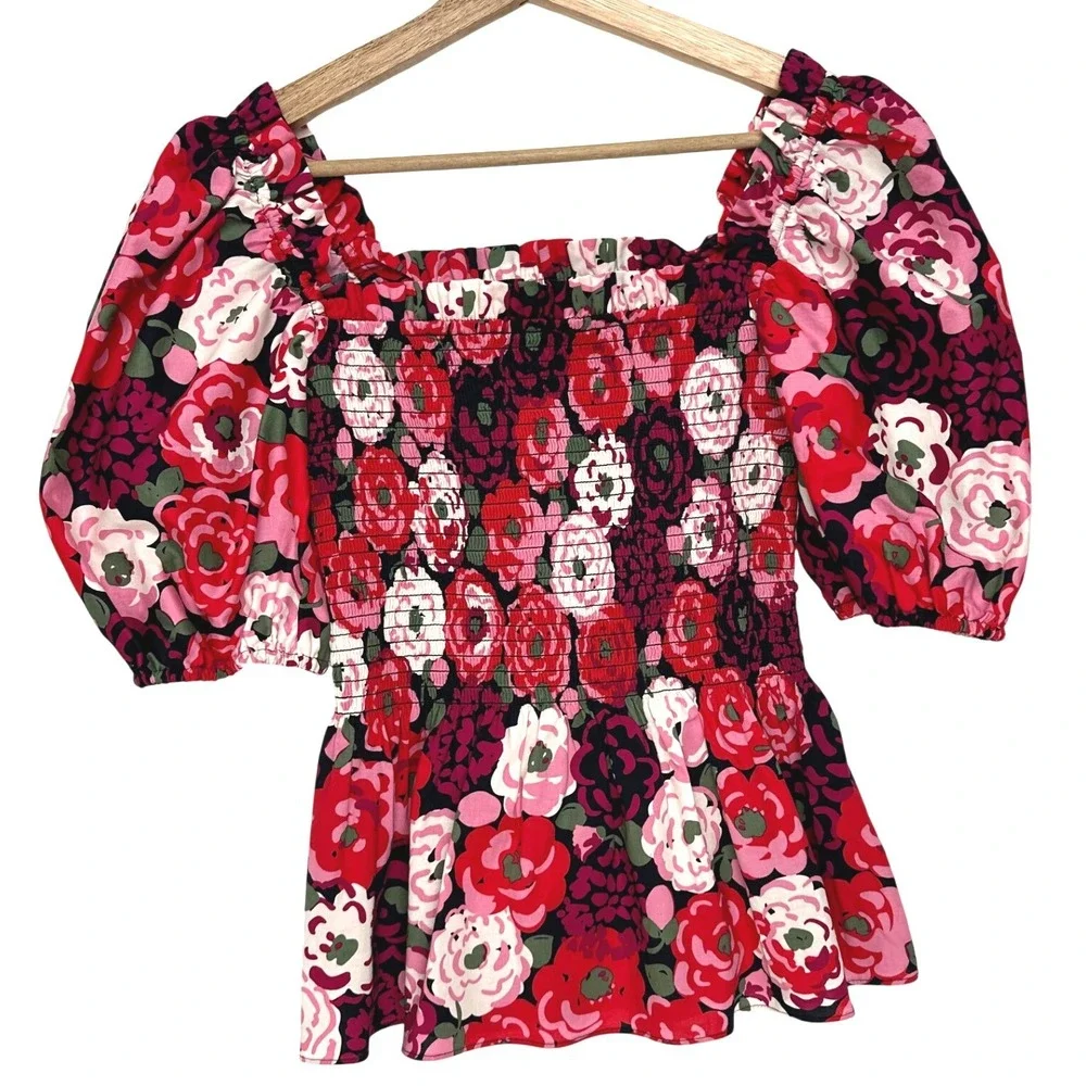 Kate Spade Rosette Blooms Puff Sleeve Smocked Floral Top Red Pink XS